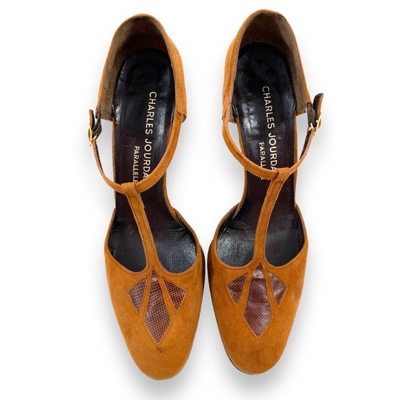 1970's CHARLES JOURDAN Paris suede and snakeskin T-strap high heel shoes - Picture 3 of 15